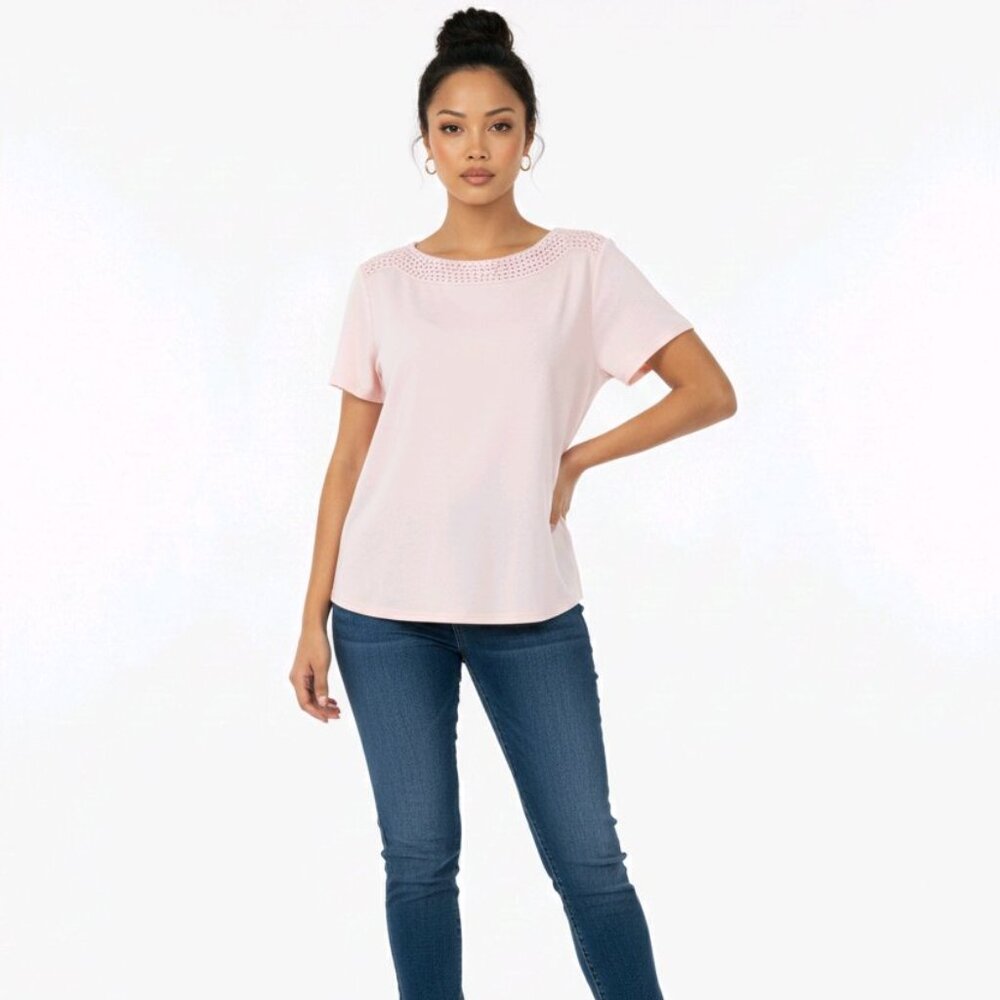 🌸 NWT Croft & Barrow Cotton Crochet-Trim Blouse – Barely Pink Beauty! 🌸